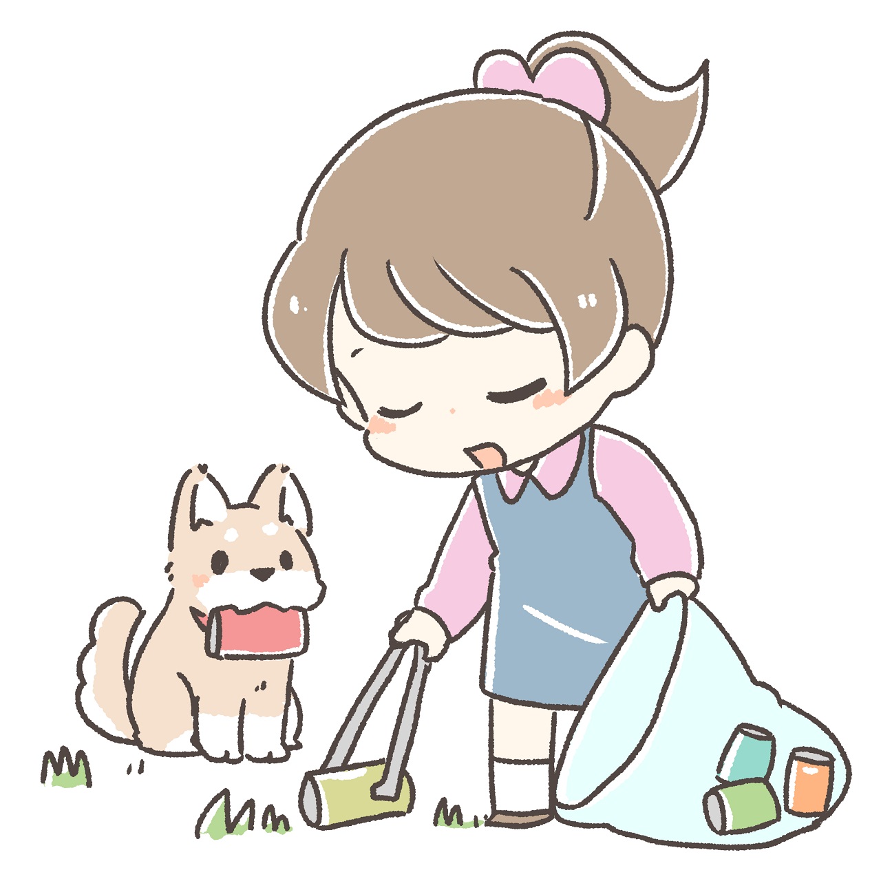 ゴミ拾いをする女の子と犬