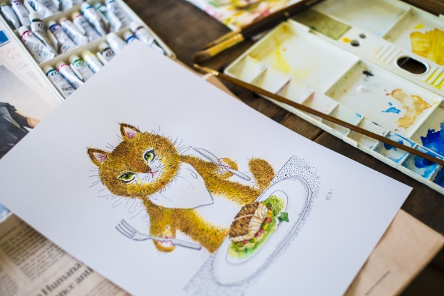 絵の具で描いた猫のイラスト