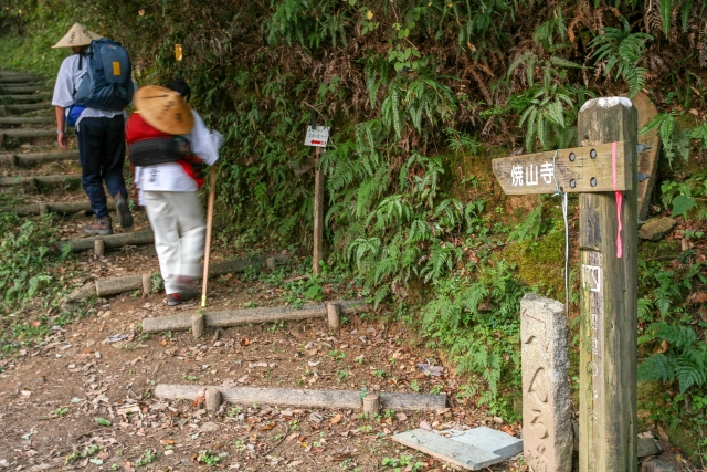 焼山寺に通じる険しい山道を歩く2人のお遍路