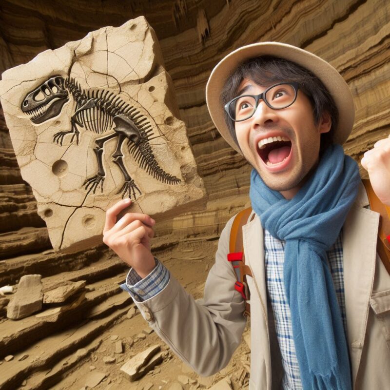 化石を発見して喜ぶ化石ハンターの男性