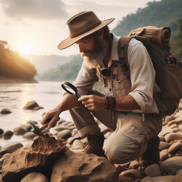 川原で化石を発見した化石ハンターの男性
