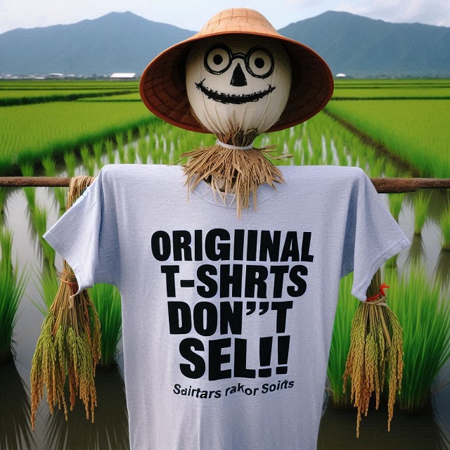 「オリジナルTシャツは売れない！！」という意味の英語がプリントされたTシャツを着たかかし